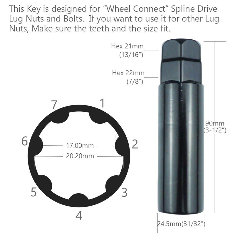 WHEEL CONNECT Lug Nuts Key for Spline Drive Lug Nuts and Bolts, 7 Points Socket ï¼Œ21 mm (13/16â€) & 22 mm (7/8â€) Hex, Black Finish. Pack of 2. - Image 5
